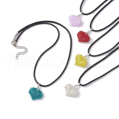 3D Heart Glass Seed Beads Pendant Necklaces NJEW-MZ00046-1