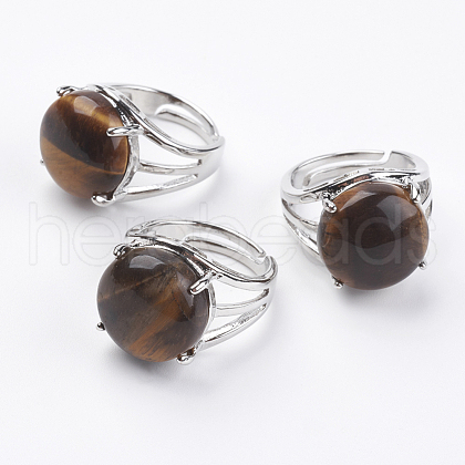 Adjustable Natural Tiger Eye Finger Rings X-RJEW-F075-01A-1