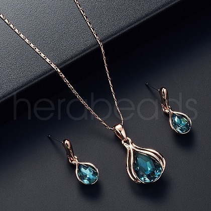 Teardrop Alloy Glass Pendant Necklaces & Stud Dangle Earrings Sets for Women WGD12E0-02-1