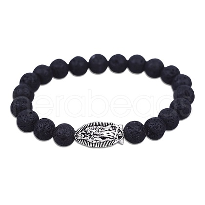 Natural Lava Rock Round Beaded Stretch Bracelets BI9255-1-1