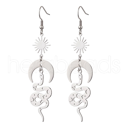 Snake & Sun & Moon 201 Stainless Steel & Brass Dangle Earrings for Women EJEW-TA00497-1