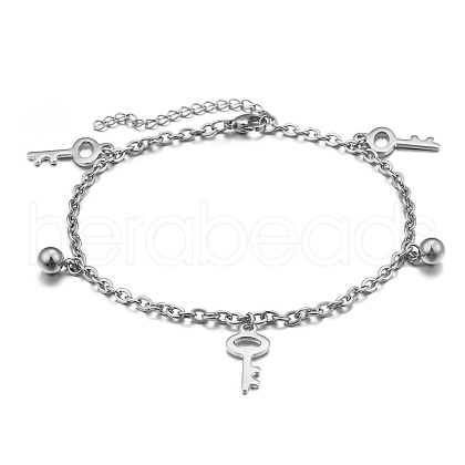 Key and Round Ball Charm 304 Stainless Steel Cable Chain Anklets for Women FS-WGBFDD0-02-1