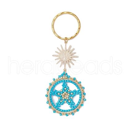 Flat Round & Star Glass Seed Loom Patter Keychain KEYC-MZ00009-02-1