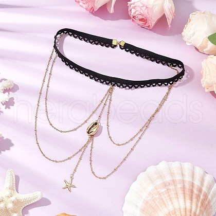 304 Stainless Steel Cable Chains & Electroplated Shell Pendant Tassel Thigh Leg Chains AJEW-AN00649-02-1