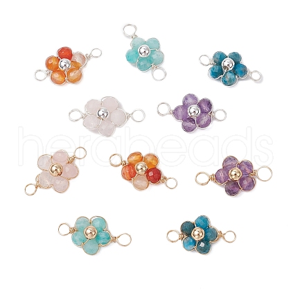 10Pcs 10 Styles Natural Amazonite & Apatite & Rose Quartz & Amethyst & Red Agate Faceted Round Beaded Flower Connector Charms PALLOY-JF03605-1