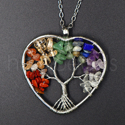 Natural Stone Chip Tree Of Life Chakra Pendant Necklaces FS-WG982AE-04-1
