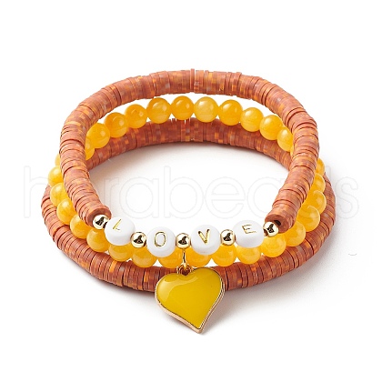 3Pcs 3 Style Natural Dyed Yellow Jade & Acrylic Word Love Beaded Stretch Bracelets Set with Alloy Enamel Heart Charms BJEW-JB08924-03-1