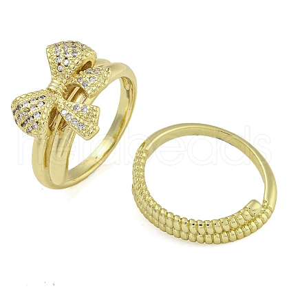 Bowknot Brass Micro Pave Clear Cubic Zirconia Open Cuff Double Rings RJEW-Z046-04G-01-1