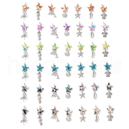 7Pcs 7 Styles Dyed Synthetic Turquoise Starfish & Alloy Sea Animals Pendants PALLOY-JF03754-1