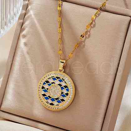 Bohemian Style Brass Blue & Black Enamel Grid Sun Pendant Necklace with Clear Cubic Zirconia JF9651-1-1