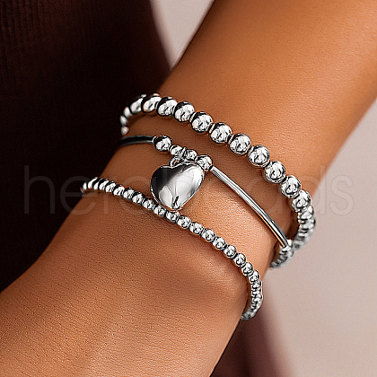 3Pcs 3 Styles Brass & CCB Beaded Stretch Bracelet & Heart Charm Bangle Set WGE7C54-02-1