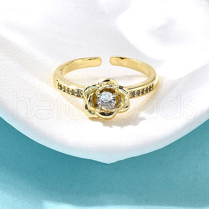 Flower Brass Micro Pave Clear Cubic Zirconia Cuff Rings for Women RJEW-S399-10G-1