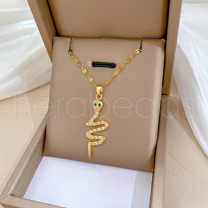 Brass Pave Full Cubic Zirconia Snake Pendant Necklaces NJEW-D309-02G-B-1