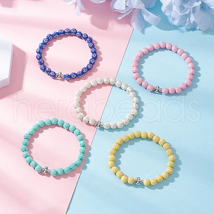 Acrylic Round with Cross Beads Stretch Bracelets BJEW-JB11941-1