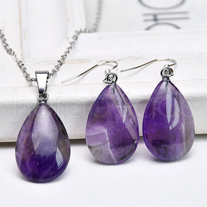 Teardrop Natural Amethyst Pendant Necklaces & Dangle Earrings Sets FS-WGAC060-03-1
