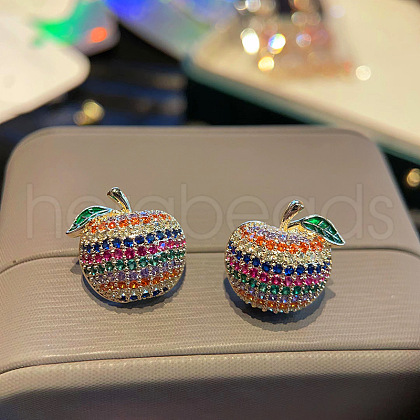Apple Brass Micro Pave Cubic Zirconia Stud Earrings EJEW-A120-01-1