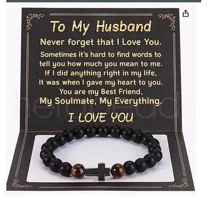 Cross Natural Tiger Eye & Frosted Black Obsidian Round Beads Stretch Bracelets for Men Women WG92FBF-11-1