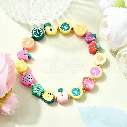 Handmade Polymer Clay Fruit Theme Beaded Stretch Bracelets for Women BJEW-TA00654-1