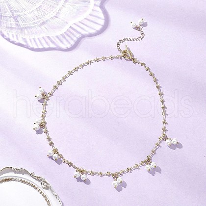 Brass Handmade Cable Link Chain Glass Pearl Tassel Necklaces for Women NJEW-JN05292-1