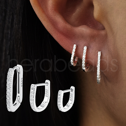 3 Pcs Elegant 925 Sterling Silver Clear Cubic Zirconia Oval & U-Shaped Hoop Earrings UO7347-2-1