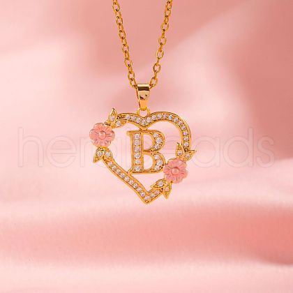 Brass Crystal Rhinestone Hollow Rose Heart with Letter Pendant Necklaces for Women WGC1928-02-1