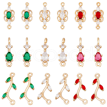 SUPERFINDINGS 18Pcs 9 Styles Brass Pave Cubic Zirconia Connector Charms KK-FH0006-34-1