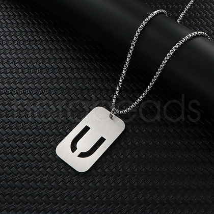 Rectangle with Letter Pattern Hollow Out 201 Stainless Steel Pendant Necklaces FS-WG34D20-24-1
