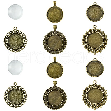 DIY Blank Round Glass & Tibetan Style Alloy Pendant Making Kits DIY-FS0006-10-1