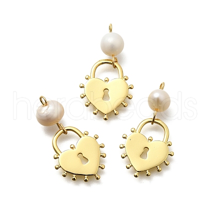 Brass & Natural Pearl Heart Lock Pendants KK-Z093-37G-1