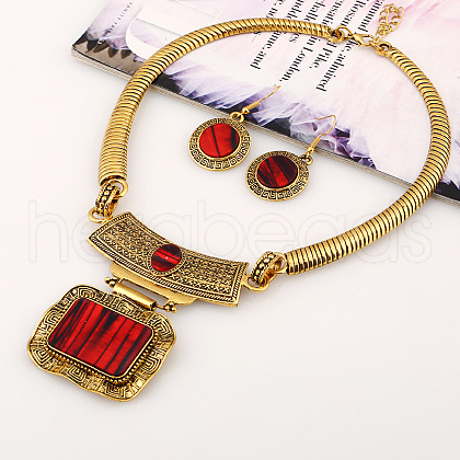 Alloy Rectangle Pendant Necklace & Flat Round Dangle Earring Sets FS-WG0E2DC-01-1