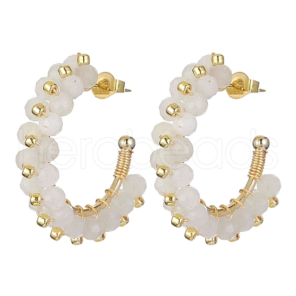 Natural Rainbow Moonstone Round Beaded Ring Stud Earrings EJEW-JE05430-01-1