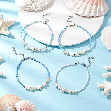 4Pcs 4 Colors Summer Natural Shell & Synthetic Magnesite Star & Glass Seed Beaded Anklets AJEW-AN00680-1