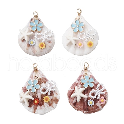 Natural Scallop Shell & Resin Flower & ABS Plastic Imitation Pearl Bowknot Pendants PALLOY-JF03891-1