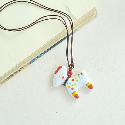 Porcelain Pendant Adjustable Imitation Leather Cord Necklaces for Women FS-WGE6687-01-1