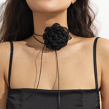 Retro Cloth Rose Flower Waxed Cord Wrap Choker Necklaces for Women WG01AE5-15-1