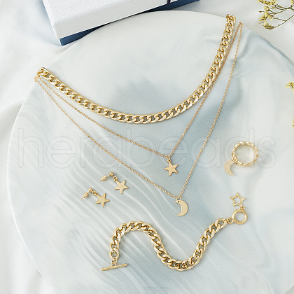 Star Moon Iron & Aluminum & Zinc Alloy Multilayer Necklace & Curb Chain Bracelet & Ring & Earring Sets FS-WG47193-01-1