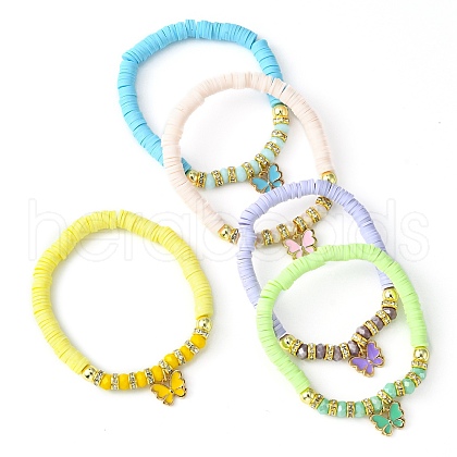 Polymer Clay Disc & Glass Beaded Stretch Bracelet BJEW-JB09649-1