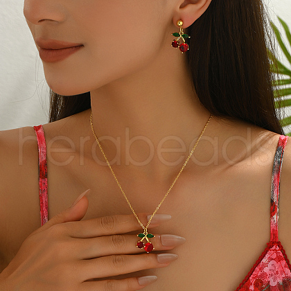 Brass Cherry Stud Earrings & Pendant Necklaces Set Women DP3348-3-1