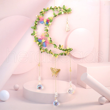 Wire Wrapped Natural Quartz Crystal & Brass Moon Pendant Decorations HJEW-K046-08G-06-1