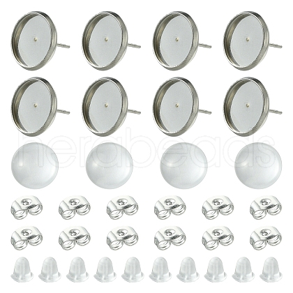 160Pcs 4 Styles Flat Round 304 Stainless Steel Stud Earring Settings with Transparent Glass Cabochons with 304 Stainless Steel Ear Nuts with Plastic Ear Nuts FIND-YW0005-37-1