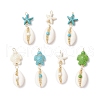 7Pcs 7 Styles Natural Cowrie Shell & Starfish Turtle Dyed Synthetic Turquoise Pendants PALLOY-JF03935-01-1