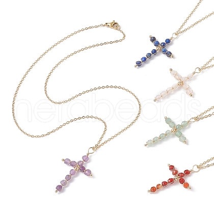 Natural Mixed Gemstone Beaded Cross Pendant Necklace NJEW-JN04357-1