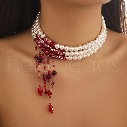 Retro Gothic Acrylic and Imitation Pearl Bloody Round Beaded Milti-strand Choker Necklaces for Women FS-WGACA63-05-1