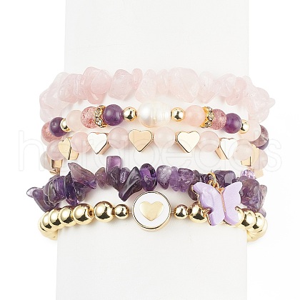 5Pcs 5 Style Natural Mixed Gemstone Chips & Natural Pearl & Brass Heart Beaded Stretch Bracelets Set BJEW-JB08988-1
