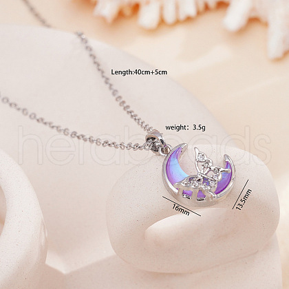 Brass Crystal Rhinestone & Resin Butterfly Moon Pendant Necklaces for Women FS-WG063FB-02-1