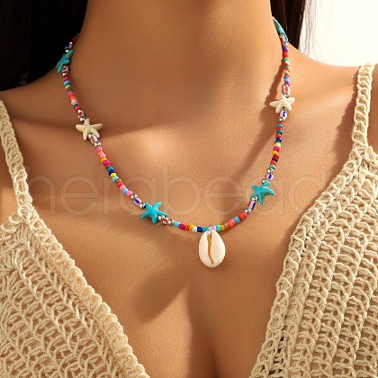 Summer Beach Natural Shell Pendant Glass Seed Beaded Necklaces for Women FS-WGEF253-02-1