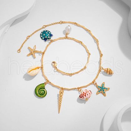 Brass & Natural Shell Starfish Shell Shaped Colorful Pendant Bib Necklaces for Beach FS-WGE22AD-04-1