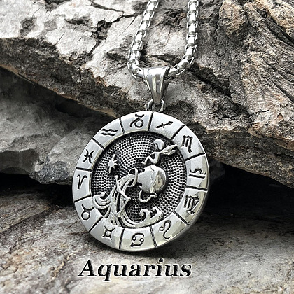 Flat Round with Engraved Twelve Constellation Alloy Pendant Necklace for Women Men WG25F4B-12-1