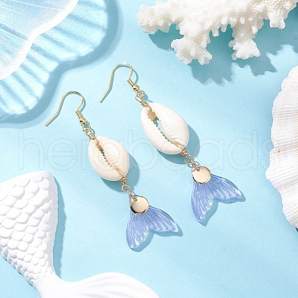 Natural Cowrie Shell Glass Dangle Earrings EJEW-JE06385-04-1