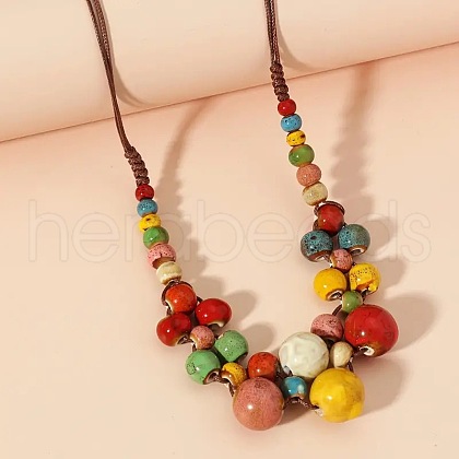 Bohemian Porcelain Round Beaded Imitation Leather Cord Bib Necklaces for Women FS-WG95F0C-01-1
